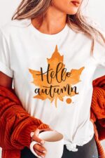 White Hello autumn Ample Leaf Graphic Tee