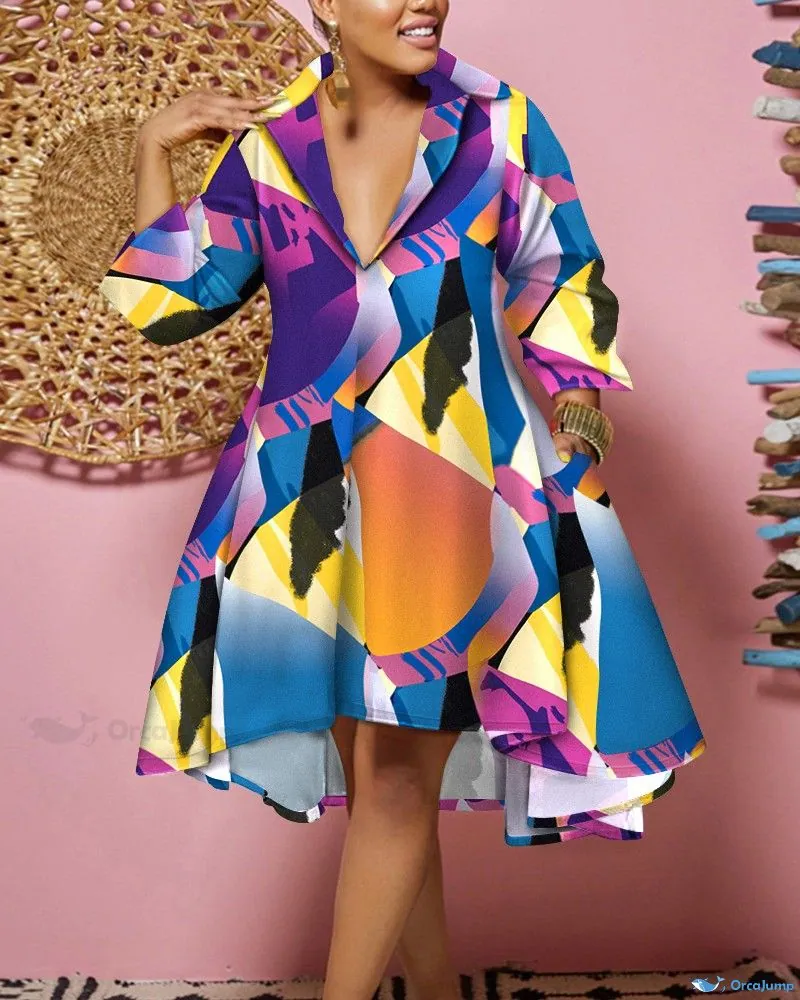 OrcaJump – Extended Size Elegant Geometric Print Dress with Long ...